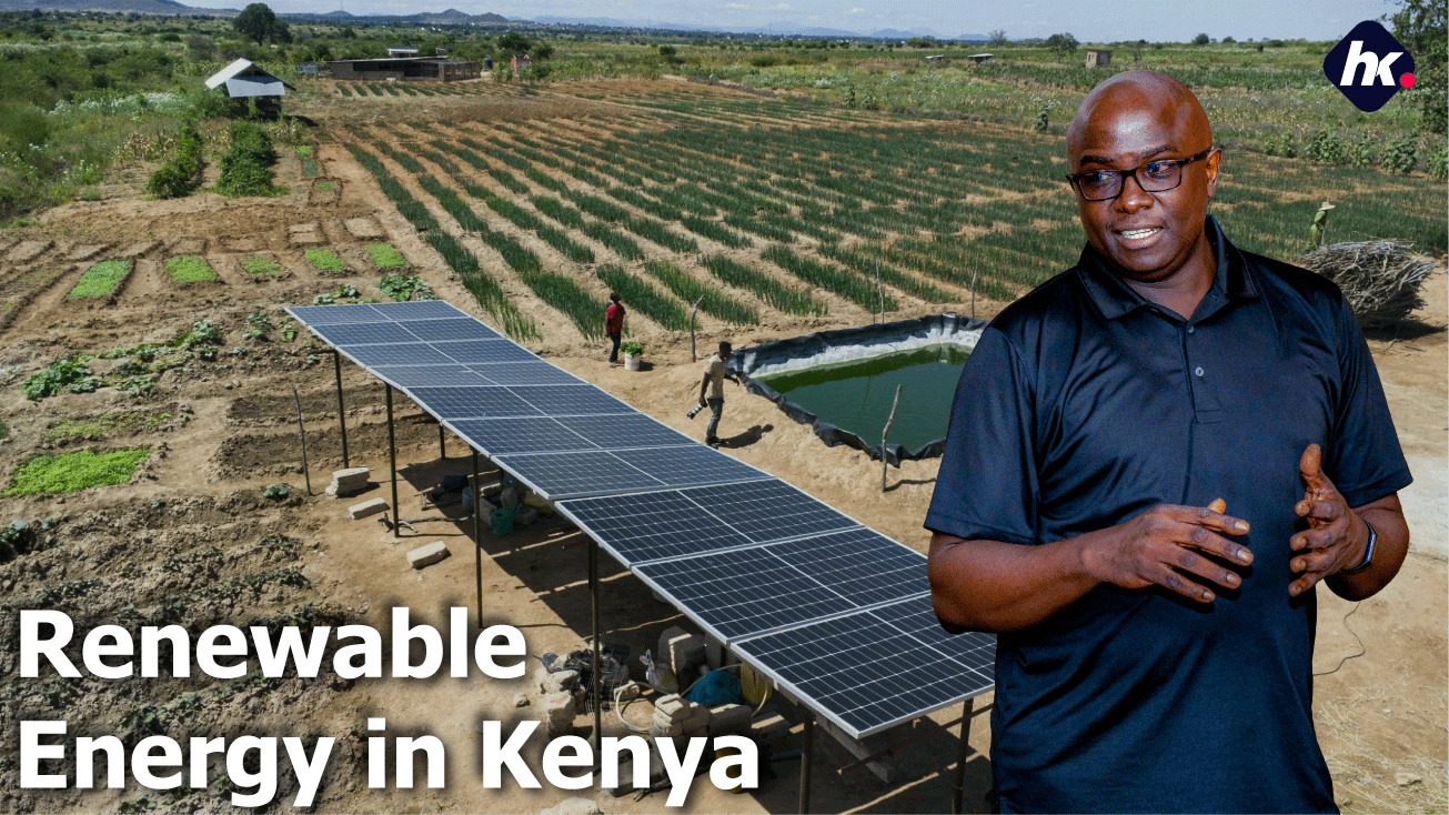 an image showing Renewable Energy in Kenya such as solar panels on a farm, irrigation and Humphrey muchuma